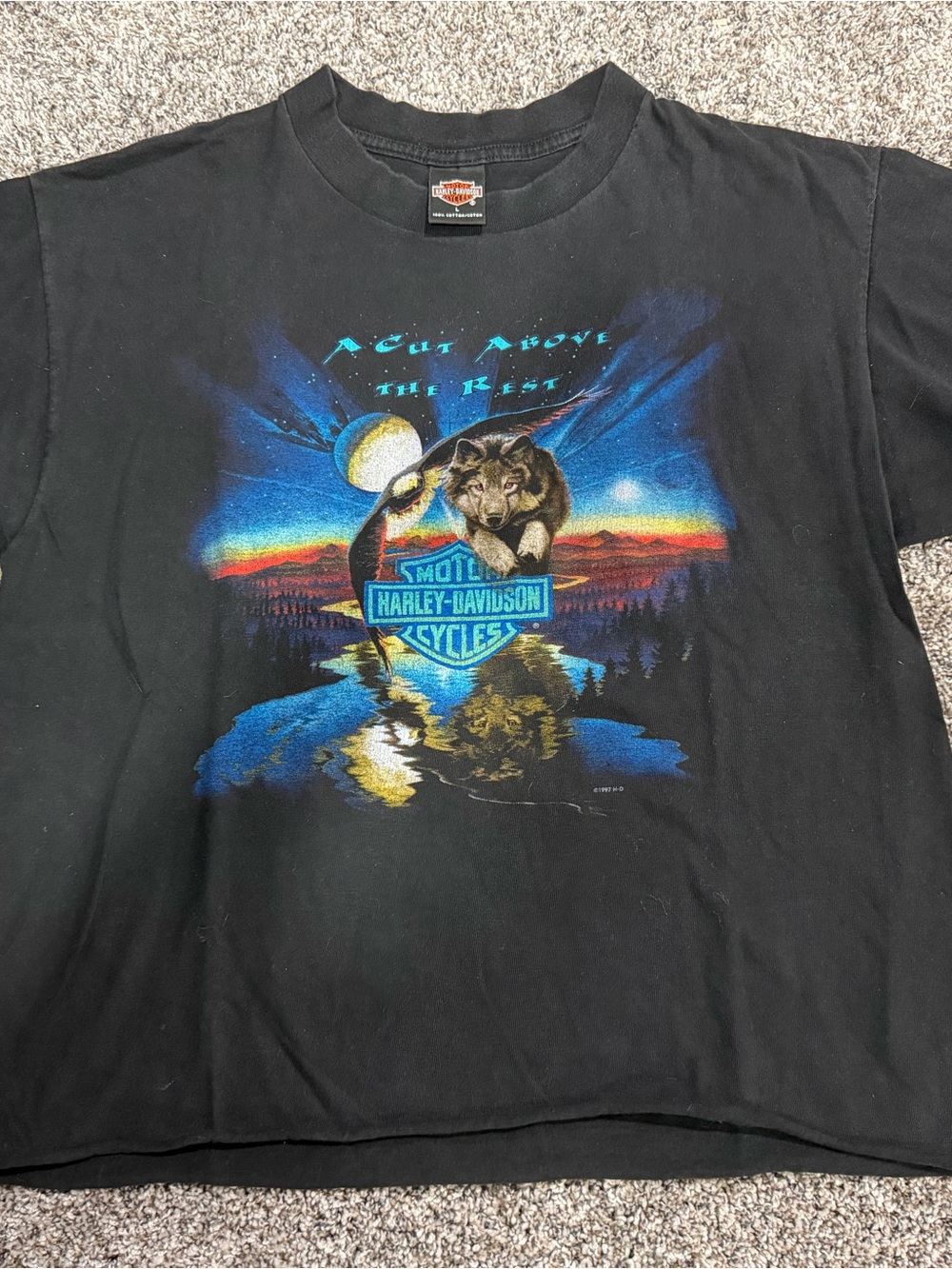 Harley-Davidson Black Tee with Wolf & Sunset Graphic. See rough hem